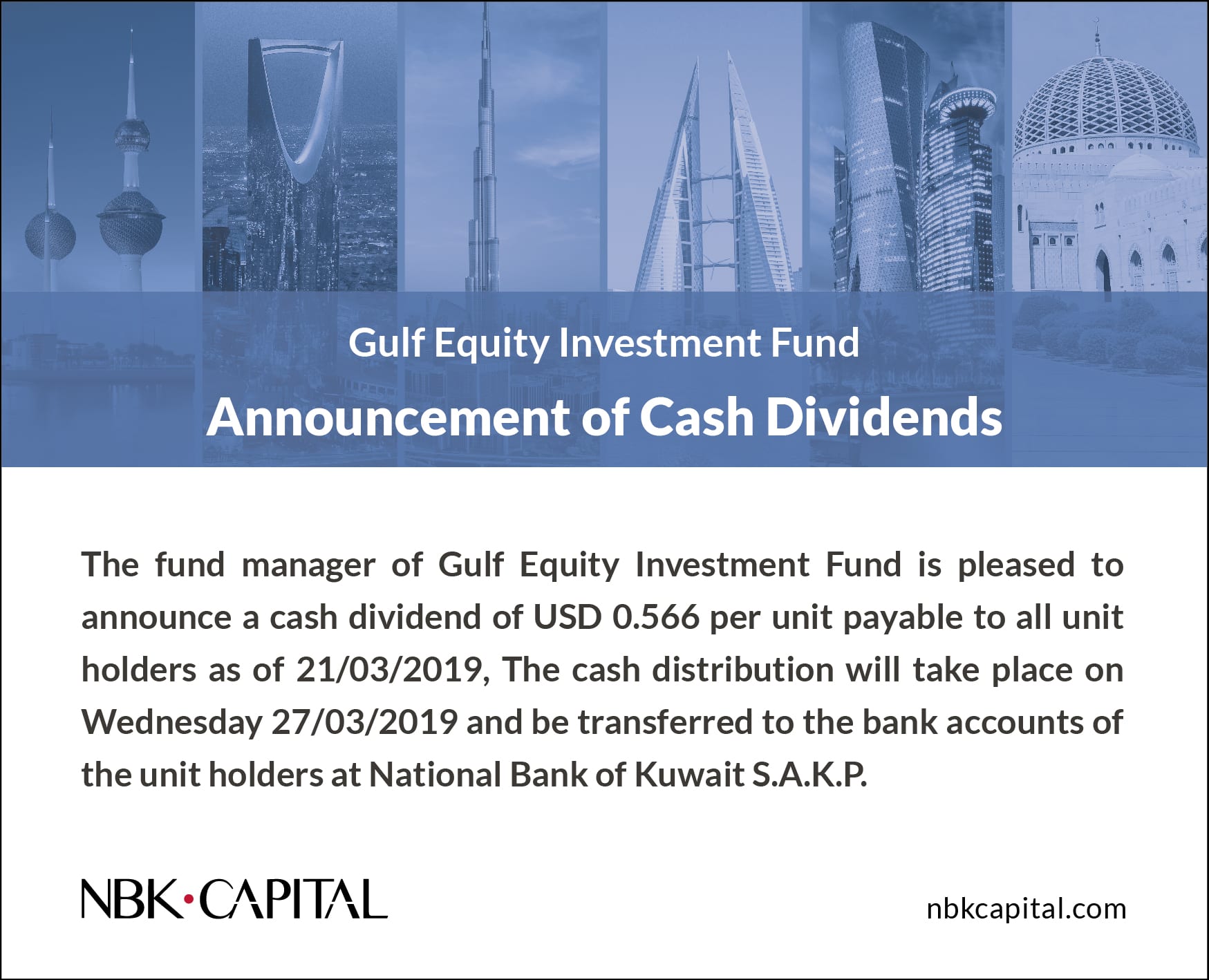 Gulf Equity Investment Fund Announcement of Cash Dividends