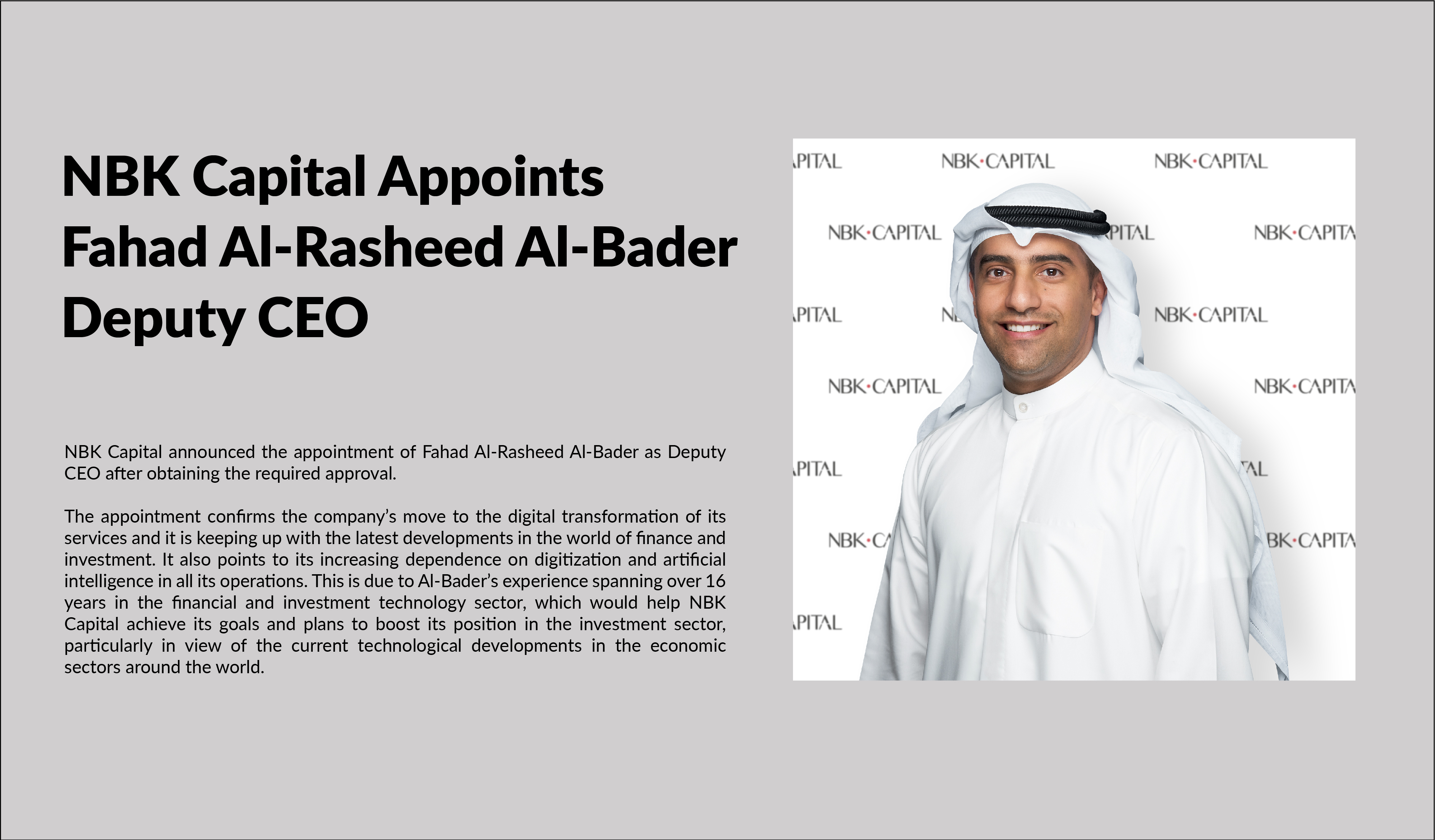 NBK Capital Appoints Fahad Al-Rasheed Al-Bader Deputy CEO