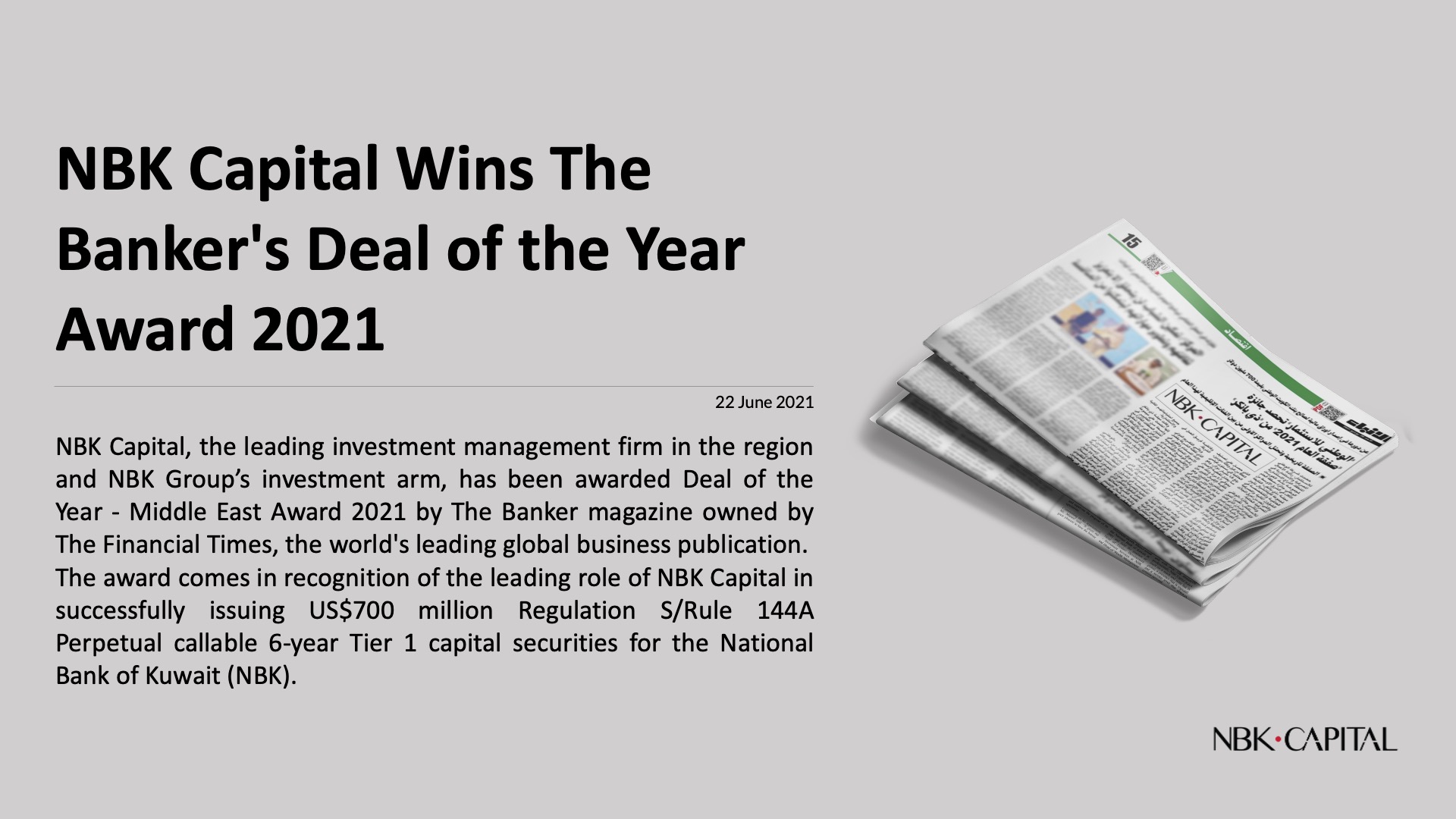 NBK Capital Wins The Banker's Deal of the Year Award 2021