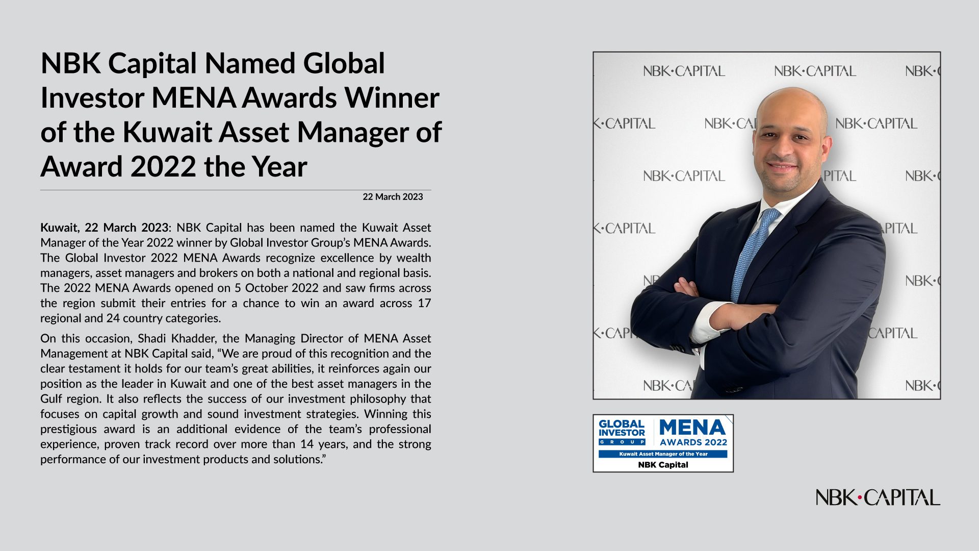 NBK Capital Named Global Investor MENA Awards Winner of the Kuwait Asset Manager of the Year 2022 Award